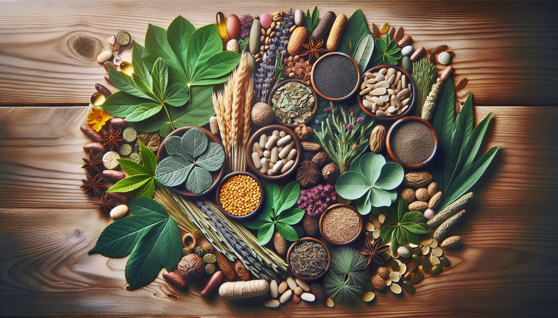 Herbal supplements as natural alternatives to Viagra, including ginseng, horny goat weed, and maca root, displayed on a wooden table with a stethoscope